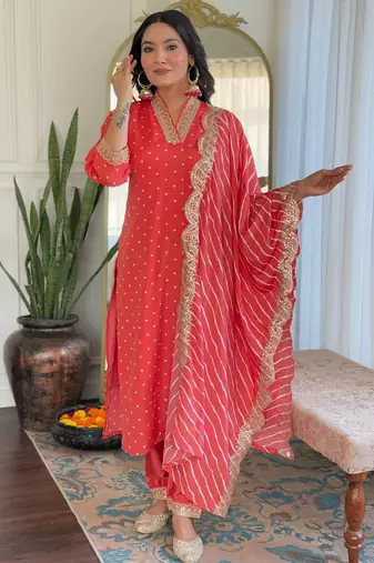 Women's viscose sequin embroidered peach green kurta pant set with muslin dupatta
