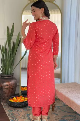 Women's viscose sequin embroidered peach green kurta pant set with muslin dupatta