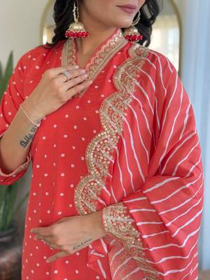 Women's viscose sequin embroidered peach green kurta pant set with muslin dupatta 5