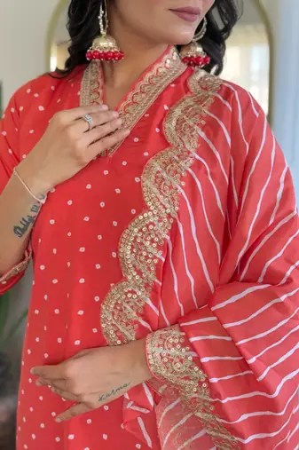 Women's viscose sequin embroidered peach green kurta pant set with muslin dupatta