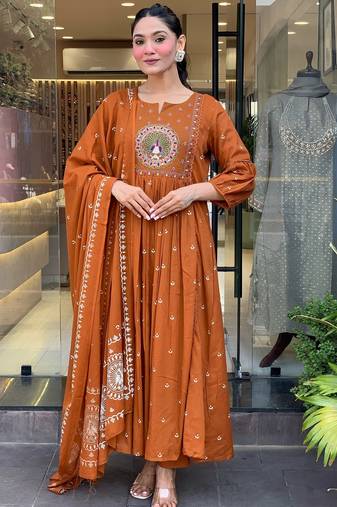 Women's cotton khadi sequin embroidered orange kurta pant set with cotton dupatta