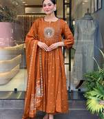 Women's cotton khadi sequin embroidered orange kurta pant set with cotton dupatta