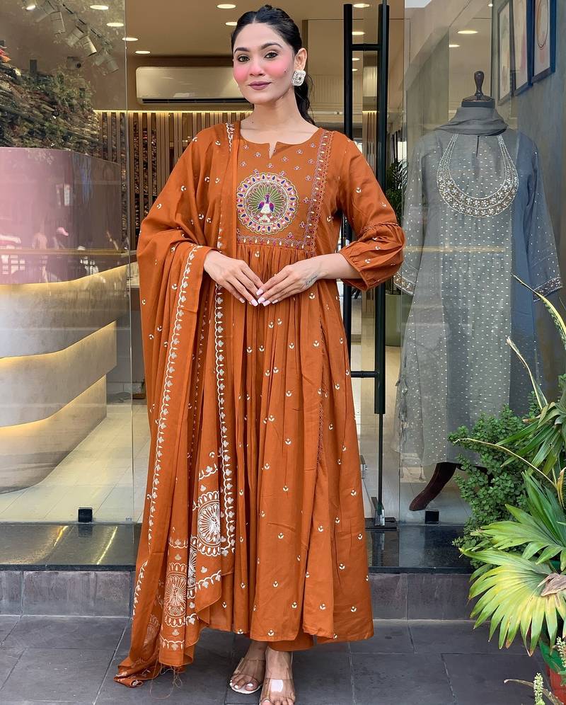 Women's cotton khadi sequin embroidered orange kurta pant set with cotton dupatta