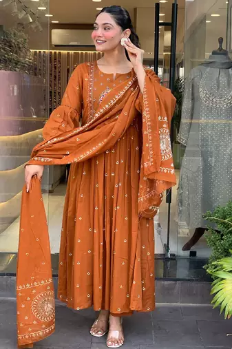 Women's cotton khadi sequin embroidered orange kurta pant set with cotton dupatta