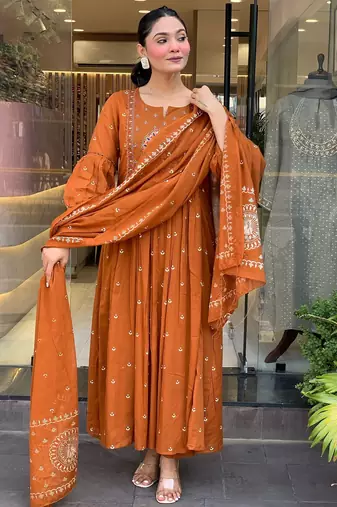 Women's cotton khadi sequin embroidered orange kurta pant set with cotton dupatta