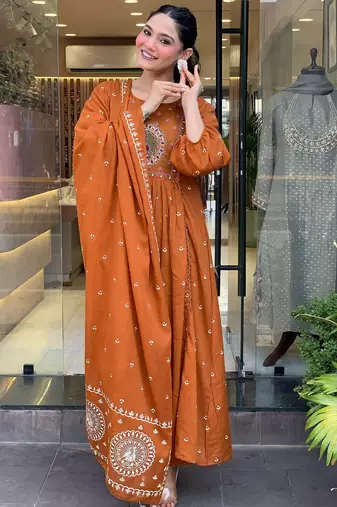 Women's cotton khadi sequin embroidered orange kurta pant set with cotton dupatta