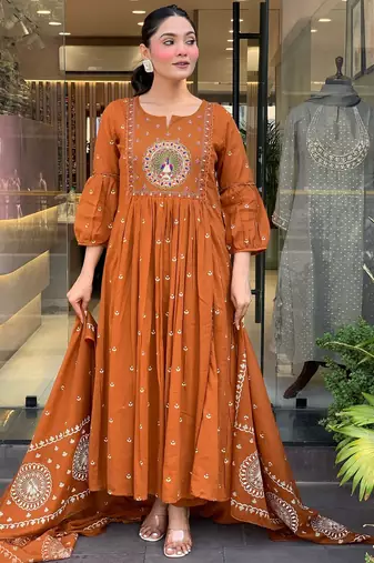 Women's cotton khadi sequin embroidered orange kurta pant set with cotton dupatta