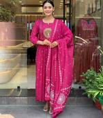 Women's cotton khadi sequin embroidered pink kurta pant set with cotton dupatta