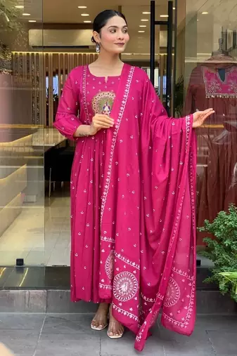 Women's cotton khadi sequin embroidered pink kurta pant set with cotton dupatta