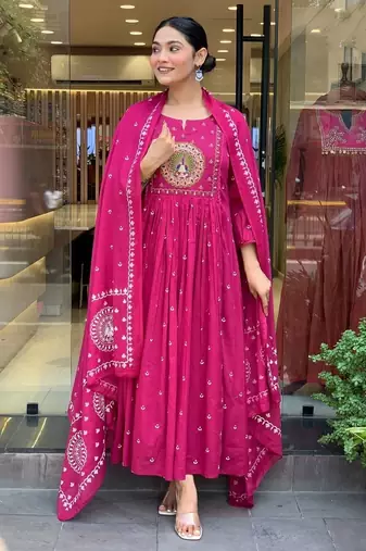 Women's cotton khadi sequin embroidered pink kurta pant set with cotton dupatta
