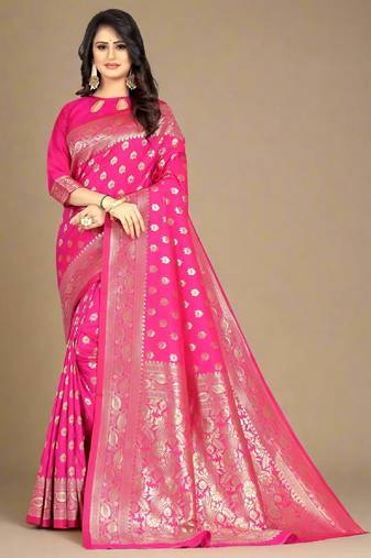 Pink soft silk blend banarasi jacuard work designer party wear saree with unstitched blouse piece