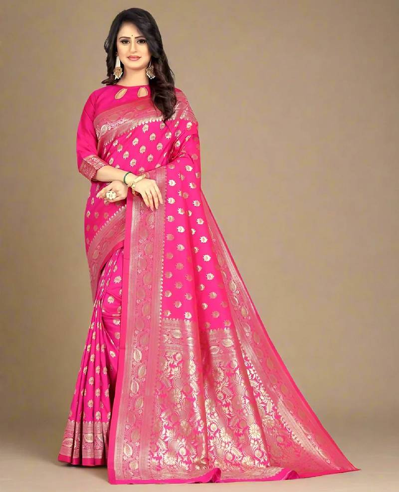 Pink soft silk blend banarasi jacuard work designer party wear saree with unstitched blouse piece