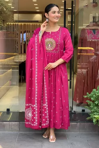 Women's cotton khadi sequin embroidered pink kurta pant set with cotton dupatta