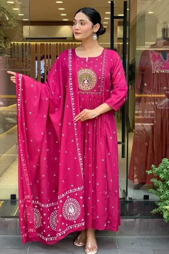 Women's cotton khadi sequin embroidered pink kurta pant set with cotton dupatta