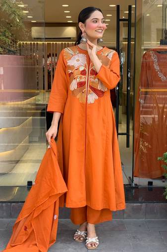 Women's chanderi silk sequin embroidered orange kurta pant set with chanderi dupatta