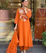 Women's chanderi silk sequin embroidered orange kurta pant set with chanderi dupatta