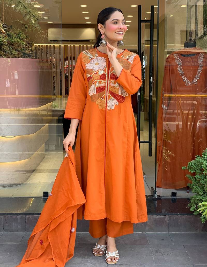 Women's chanderi silk sequin embroidered orange kurta pant set with chanderi dupatta