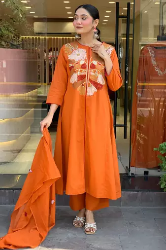 Women's chanderi silk sequin embroidered orange kurta pant set with chanderi dupatta