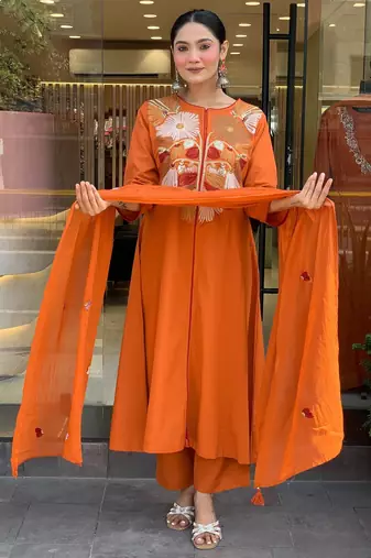 Women's chanderi silk sequin embroidered orange kurta pant set with chanderi dupatta