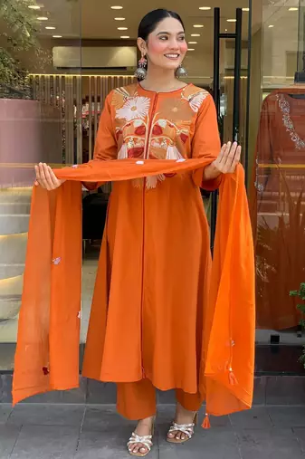Women's chanderi silk sequin embroidered orange kurta pant set with chanderi dupatta