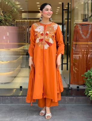 Women's chanderi silk sequin embroidered orange kurta pant set with chanderi dupatta 5