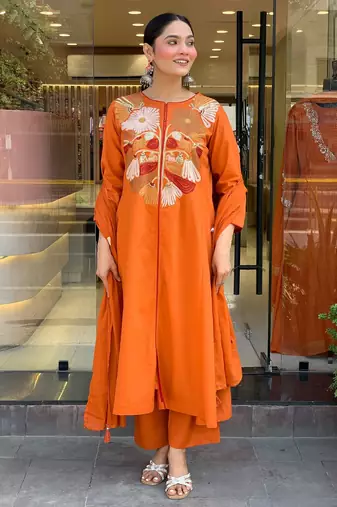 Women's chanderi silk sequin embroidered orange kurta pant set with chanderi dupatta
