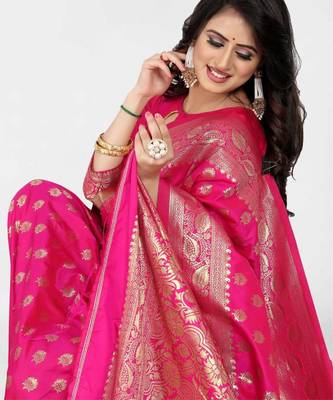 Pink silk blend banarasi saree with unstitched blouse piece 2