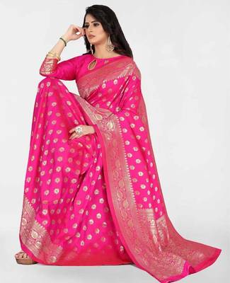 Pink silk blend banarasi saree with unstitched blouse piece 3