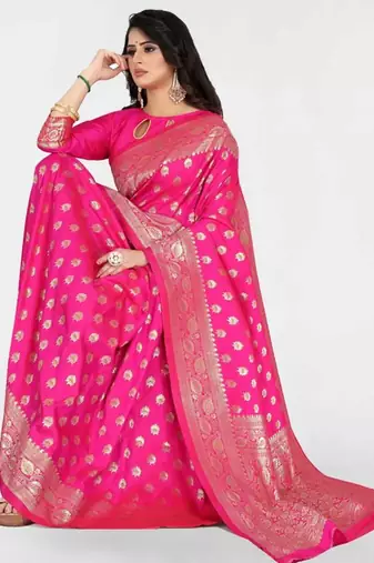 Pink silk blend banarasi saree with unstitched blouse piece