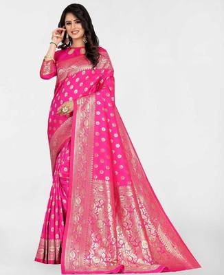 Pink silk blend banarasi saree with unstitched blouse piece 4