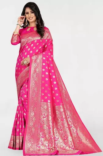 Pink silk blend banarasi saree with unstitched blouse piece
