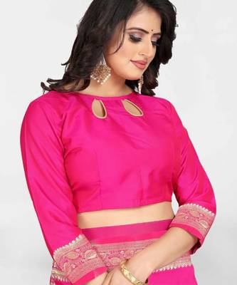 Pink silk blend banarasi saree with unstitched blouse piece 5