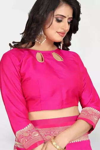 Pink silk blend banarasi saree with unstitched blouse piece