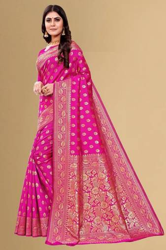 Pink soft silk blend banarasi jacuard work designer party wear saree with unstitched blouse piece