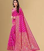 Pink soft silk blend banarasi jacuard work designer party wear saree with unstitched blouse piece