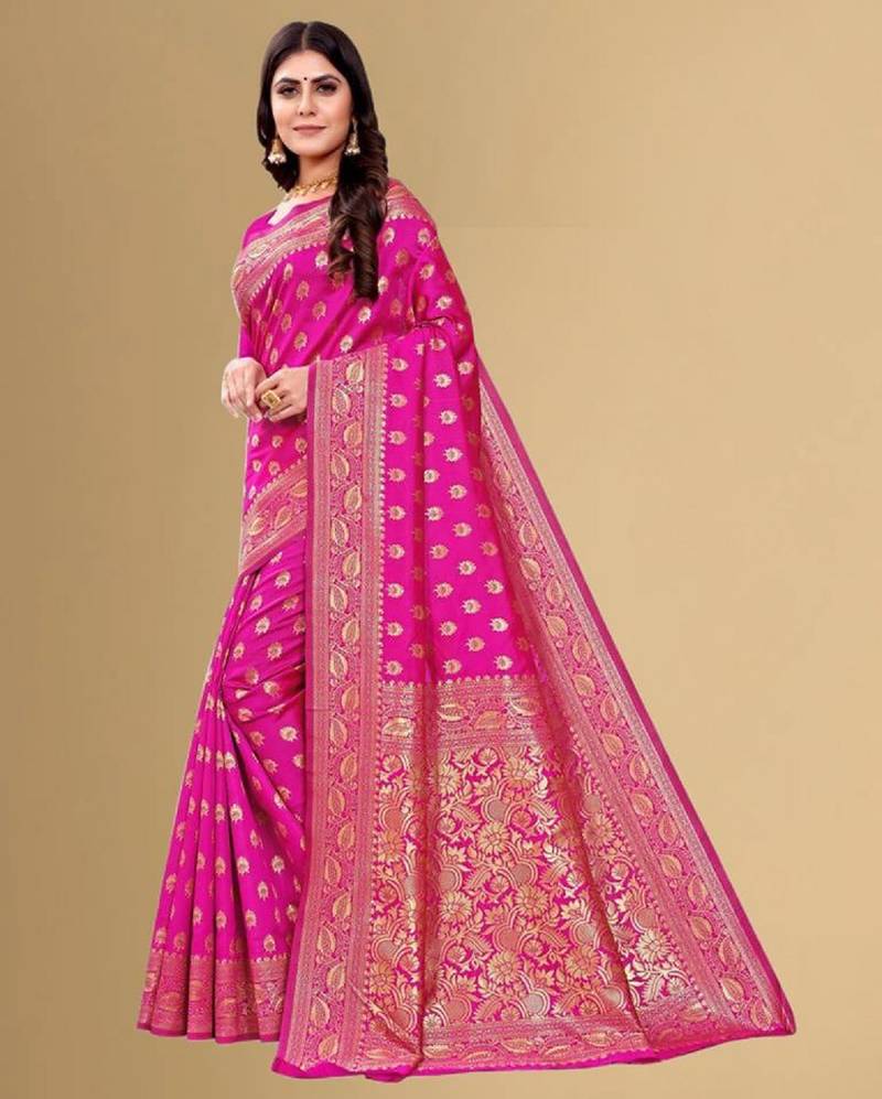 Pink soft silk blend banarasi jacuard work designer party wear saree with unstitched blouse piece