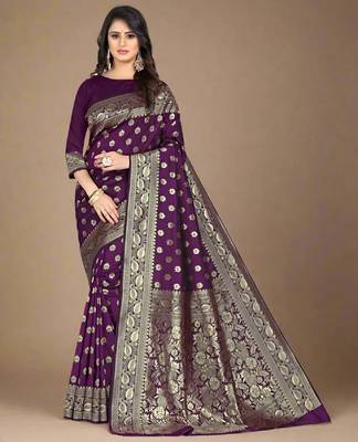 Wine silk blend banarasi saree with unstitched blouse piece 1