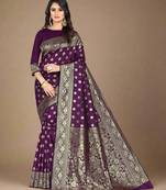 Wine soft silk blend banarasi jacuard work designer party wear saree with unstitched blouse piece