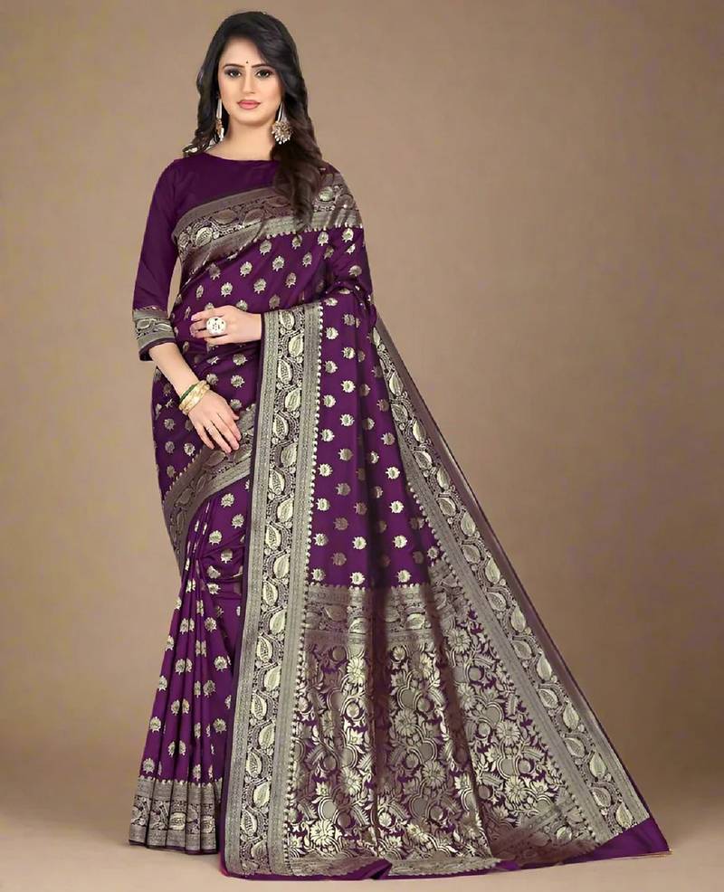 Wine soft silk blend banarasi jacuard work designer party wear saree with unstitched blouse piece