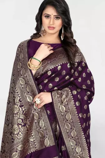 Wine silk blend banarasi saree with unstitched blouse piece