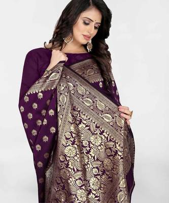 Wine silk blend banarasi saree with unstitched blouse piece 3