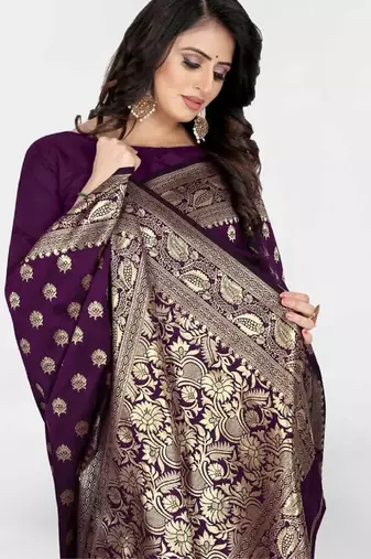 Wine silk blend banarasi saree with unstitched blouse piece
