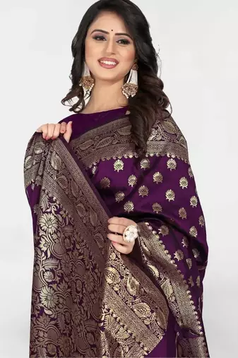 Wine silk blend banarasi saree with unstitched blouse piece