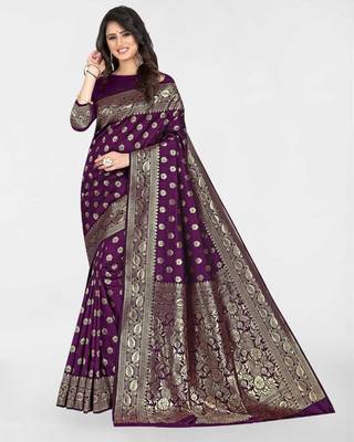 Wine silk blend banarasi saree with unstitched blouse piece 5