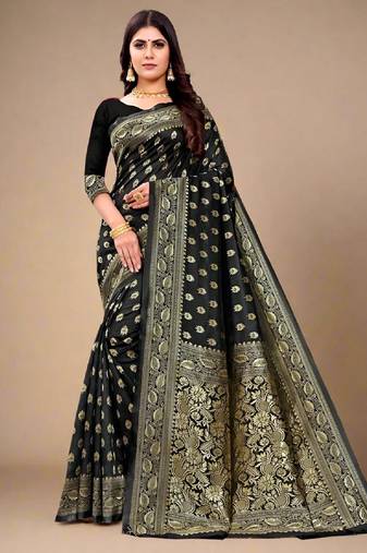 Black soft silk blend banarasi jacuard work designer party wear saree with unstitched blouse piece