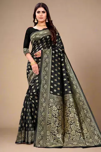 Black soft silk blend banarasi jacuard work designer party wear saree with unstitched blouse piece