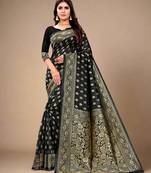 Black soft silk blend banarasi jacuard work designer party wear saree with unstitched blouse piece