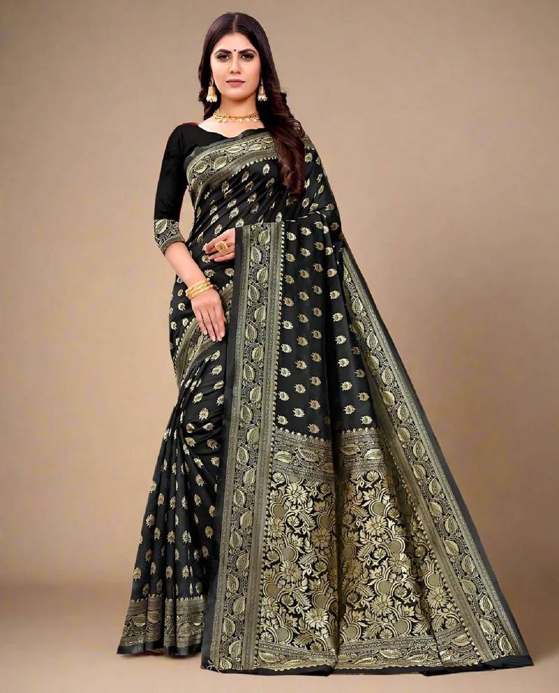 Black soft silk blend banarasi jacuard work designer party wear saree with unstitched blouse piece