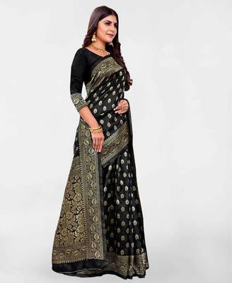 Black silk blend banarasi saree with unstitched blouse piece 2