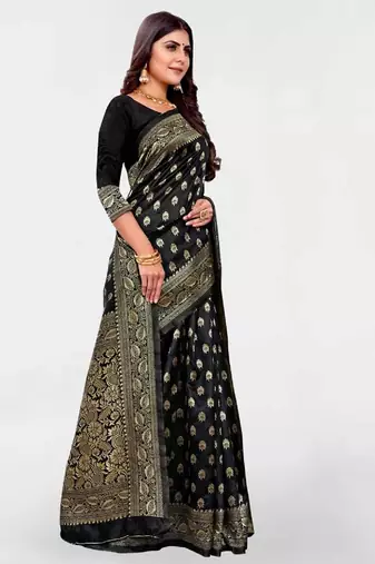 Black silk blend banarasi saree with unstitched blouse piece